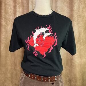 Pink + Dolphin Short Sleeve Black T Shirt Abstract Flame Heart Graphic Skater